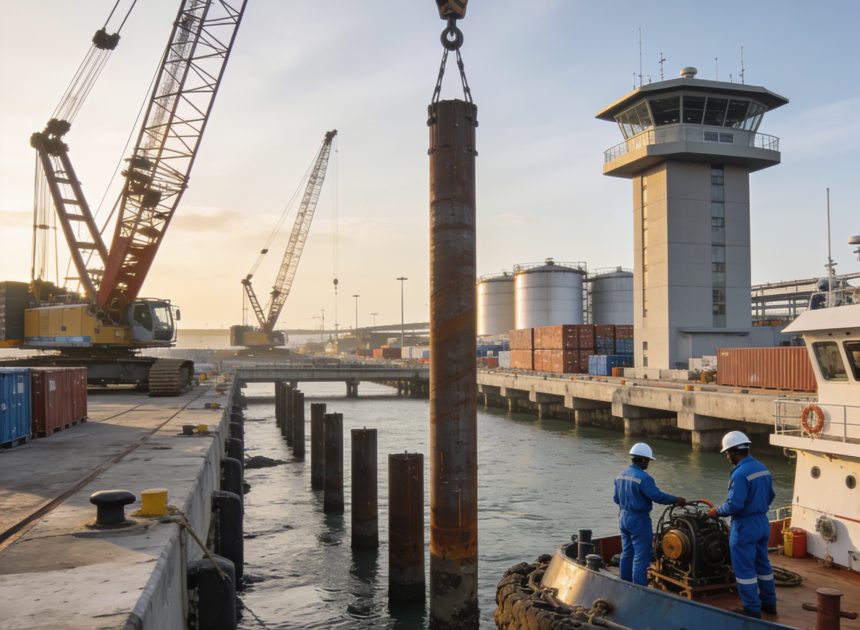 Môle Est : fin du battage des pieux, le port de Pointe-Noire se modernise