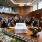 Create an editorial news illustration for an article about 'Assemblée nationale : adoption de trois accords clés pour les infrastructures et la coopération'. The specific country is Republiqe du Congo (CG); make visual cues accurate to this exact cou