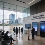 Create an editorial news illustration for an article about 'Brazzaville s’apprête à accueillir une conférence internationale sur l’e-business et la cybersécurité'. The specific country is Republiqe du Congo (CG); make visual cues accurate to this exa