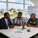 Create an editorial news illustration for an article about 'Congo : Entrepreneuriat, coopération Cuba et agroécologie au rendez-vous en juillet 2026'. The specific country is Republiqe du Congo (CG); make visual cues accurate to this exact country an