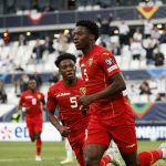 Create an editorial news illustration for an article about 'Football : Les Diables rouges brillent en Europe lors des matchs amicaux et de championnat'. The specific country is Republiqe du Congo (CG); make visual cues accurate to this exact country